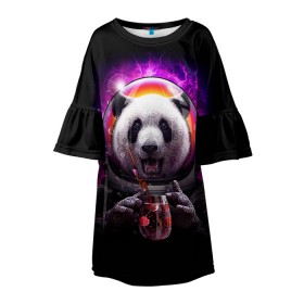 Детское платье 3D с принтом Panda Cosmonaut , 100% полиэстер | прямой силуэт, чуть расширенный к низу. Круглая горловина, на рукавах — воланы | Тематика изображения на принте: bear | galaxy | panda | space | star | астронавт | галактика | звезда | космонавт | космос | медведь | панда