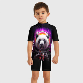Детский купальный костюм 3D с принтом Panda Cosmonaut , Полиэстер 85%, Спандекс 15% | застежка на молнии на спине | bear | galaxy | panda | space | star | астронавт | галактика | звезда | космонавт | космос | медведь | панда