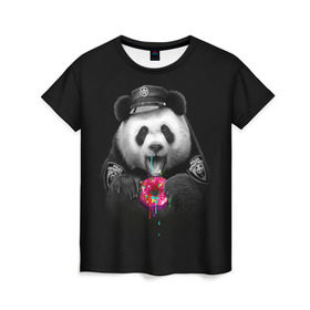 Женская футболка 3D с принтом Donut Panda , 100% полиэфир ( синтетическое хлопкоподобное полотно) | прямой крой, круглый вырез горловины, длина до линии бедер | bear | donut | panda | police | коп | медведь | панда | пончик