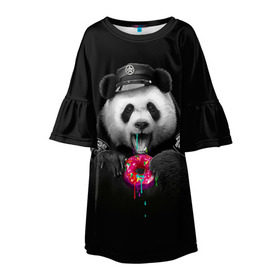 Детское платье 3D с принтом Donut Panda , 100% полиэстер | прямой силуэт, чуть расширенный к низу. Круглая горловина, на рукавах — воланы | Тематика изображения на принте: bear | donut | panda | police | коп | медведь | панда | пончик