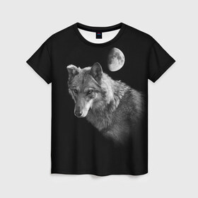 Женская футболка 3D с принтом Ночной Волк , 100% полиэфир ( синтетическое хлопкоподобное полотно) | прямой крой, круглый вырез горловины, длина до линии бедер | волк | волки | животные | звери | луна | ночь | серый | черно белый