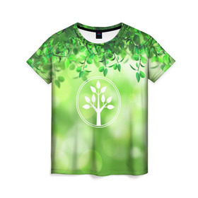 Женская футболка 3D с принтом Береги природу , 100% полиэфир ( синтетическое хлопкоподобное полотно) | прямой крой, круглый вырез горловины, длина до линии бедер | Тематика изображения на принте: береги природу | дерево | зелёная | зелень | листья | природа