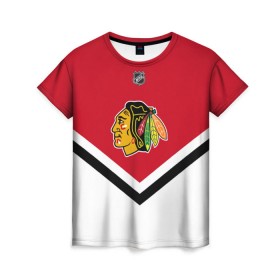 Женская футболка 3D с принтом Chicago Blackhawks , 100% полиэфир ( синтетическое хлопкоподобное полотно) | прямой крой, круглый вырез горловины, длина до линии бедер | america | canada | hockey | nhl | usa | америка | блэкхокс | канада | лед | нхл | сша | хоккей | чикаго