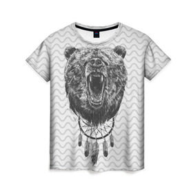 Женская футболка 3D с принтом Bear Dreamcatcher , 100% полиэфир ( синтетическое хлопкоподобное полотно) | прямой крой, круглый вырез горловины, длина до линии бедер | bear | beast | forest | russia | siberian | зверь | лес | ловец | медведь | россия | сибирь | сон | ярость