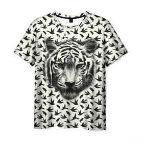 Мужская футболка 3D с принтом Tiger Dreams , 100% полиэфир | прямой крой, круглый вырез горловины, длина до линии бедер | Тематика изображения на принте: bird | cat | dream | fly | tiger | кис | кот | кошка | мечте | мяу | полет | птица | тигр