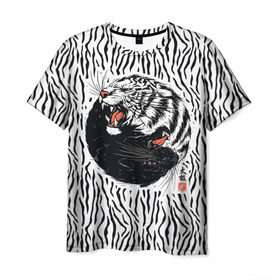 Мужская футболка 3D с принтом Yin Yang Tigers , 100% полиэфир | прямой крой, круглый вырез горловины, длина до линии бедер | tiger | yin yang | инь ян | китай | сила | тигр | ярость