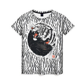Женская футболка 3D с принтом Yin Yang Tigers , 100% полиэфир ( синтетическое хлопкоподобное полотно) | прямой крой, круглый вырез горловины, длина до линии бедер | Тематика изображения на принте: tiger | yin yang | инь ян | китай | сила | тигр | ярость