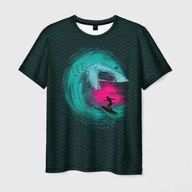 Мужская футболка 3D с принтом Shark Vortex , 100% полиэфир | прямой крой, круглый вырез горловины, длина до линии бедер | акула | закат | море | океан | рыба | серф | солнце