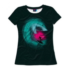 Женская футболка 3D с принтом Shark Vortex , 100% полиэфир ( синтетическое хлопкоподобное полотно) | прямой крой, круглый вырез горловины, длина до линии бедер | акула | закат | море | океан | рыба | серф | солнце