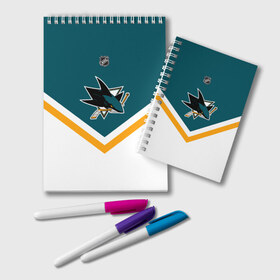 Блокнот с принтом San Jose Sharks , 100% бумага | 48 листов, плотность листов — 60 г/м2, плотность картонной обложки — 250 г/м2. Листы скреплены удобной пружинной спиралью. Цвет линий — светло-серый
 | Тематика изображения на принте: america | canada | hockey | nhl | usa | акула | америка | канада | лед | нхл | сан хосе | сша | хоккей | шаркс