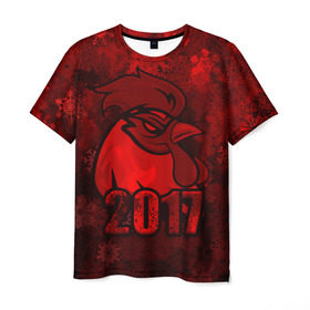 Мужская футболка 3D с принтом Огненный петух , 100% полиэфир | прямой крой, круглый вырез горловины, длина до линии бедер | животное | зима | красный | новый год | символ | снежинки
