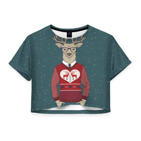 Женская футболка 3D укороченная с принтом Олень хипстер , 100% полиэстер | круглая горловина, длина футболки до линии талии, рукава с отворотами | hipster | голова животного | животные | олень | олень хипстер | подарок на новый год | хипстер