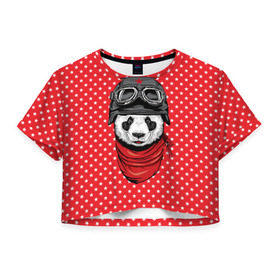 Женская футболка 3D укороченная с принтом Панда пилот , 100% полиэстер | круглая горловина, длина футболки до линии талии, рукава с отворотами | bear | panda | pilot | медведь