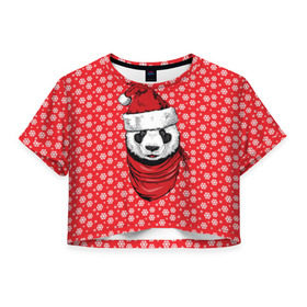 Женская футболка 3D укороченная с принтом Панда Клаус , 100% полиэстер | круглая горловина, длина футболки до линии талии, рукава с отворотами | animal | bear | beast | claus | panda | santa | дед мороз | елка | зверь | клаус | медведь | новый год | панда | рождество | санта | снег