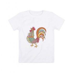 Детская футболка хлопок с принтом Этно мотив , 100% хлопок | круглый вырез горловины, полуприлегающий силуэт, длина до линии бедер | Тематика изображения на принте: курица | петух | символ