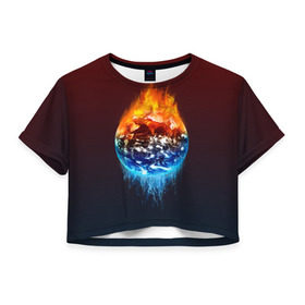 Женская футболка 3D укороченная с принтом Огонь против воды , 100% полиэстер | круглая горловина, длина футболки до линии талии, рукава с отворотами | battle | fire | galaxy | planet | space | water | битва | вода | галактика | земля | космос | огонь | пламя | планета