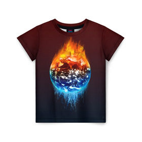 Детская футболка 3D с принтом Огонь против воды , 100% гипоаллергенный полиэфир | прямой крой, круглый вырез горловины, длина до линии бедер, чуть спущенное плечо, ткань немного тянется | battle | fire | galaxy | planet | space | water | битва | вода | галактика | земля | космос | огонь | пламя | планета