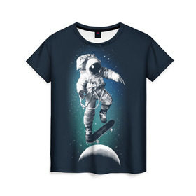 Женская футболка 3D с принтом Космический скейтбординг , 100% полиэфир ( синтетическое хлопкоподобное полотно) | прямой крой, круглый вырез горловины, длина до линии бедер | cosmonaut | galaxy | planet | skate | space | star | галактика | звезды | космонавт | космос | планета | скейт