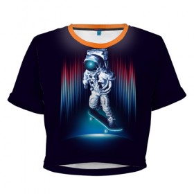 Женская футболка 3D укороченная с принтом Космический скейтбордист , 100% полиэстер | круглая горловина, длина футболки до линии талии, рукава с отворотами | 