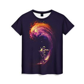 Женская футболка 3D с принтом Космический серфинг , 100% полиэфир ( синтетическое хлопкоподобное полотно) | прямой крой, круглый вырез горловины, длина до линии бедер | cosmonaut | galaxy | planet | space | star | surf | галактика | звезды | космонавт | космос | планета | серф