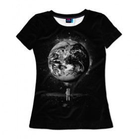 Женская футболка 3D с принтом Взгляд на землю , 100% полиэфир ( синтетическое хлопкоподобное полотно) | прямой крой, круглый вырез горловины, длина до линии бедер | astro | cosmo | galaxy | moon | planet | space | star | автронавт | галактика | звезды | земля | космонавт | космос | луна | планета