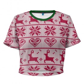Женская футболка 3D укороченная с принтом Розовый свитер , 100% полиэстер | круглая горловина, длина футболки до линии талии, рукава с отворотами | ангел | ёлка | ель | зима | колокольчик | нг | новый год | олень | рождество | санта | свитер | снег