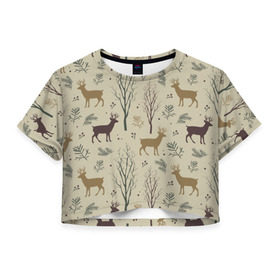 Женская футболка 3D укороченная с принтом Олени в лесу , 100% полиэстер | круглая горловина, длина футболки до линии талии, рукава с отворотами | 