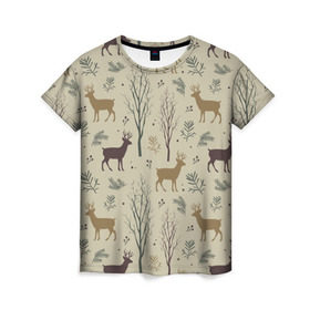 Женская футболка 3D с принтом Олени в лесу , 100% полиэфир ( синтетическое хлопкоподобное полотно) | прямой крой, круглый вырез горловины, длина до линии бедер | 