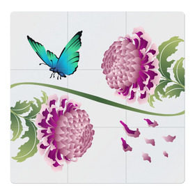 Магнитный плакат 3Х3 с принтом Японские хризантемы , Полимерный материал с магнитным слоем | 9 деталей размером 9*9 см | Тематика изображения на принте: бабочка | хризантемы | цветы | япония