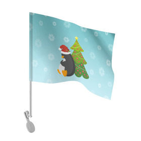 Флаг для автомобиля с принтом Новогодний пингвинчик , 100% полиэстер | Размер: 30*21 см | елка | новый год | пингвин