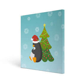 Холст квадратный с принтом Новогодний пингвинчик , 100% ПВХ |  | Тематика изображения на принте: елка | новый год | пингвин