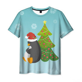Мужская футболка 3D с принтом Новогодний пингвинчик , 100% полиэфир | прямой крой, круглый вырез горловины, длина до линии бедер | Тематика изображения на принте: елка | новый год | пингвин