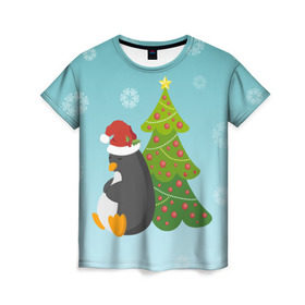 Женская футболка 3D с принтом Новогодний пингвинчик , 100% полиэфир ( синтетическое хлопкоподобное полотно) | прямой крой, круглый вырез горловины, длина до линии бедер | елка | новый год | пингвин
