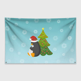 Флаг-баннер с принтом Новогодний пингвинчик , 100% полиэстер | размер 67 х 109 см, плотность ткани — 95 г/м2; по краям флага есть четыре люверса для крепления | елка | новый год | пингвин