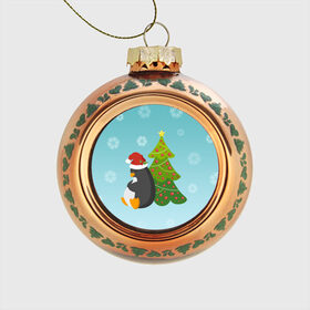 Стеклянный ёлочный шар с принтом Новогодний пингвинчик , Стекло | Диаметр: 80 мм | Тематика изображения на принте: елка | новый год | пингвин