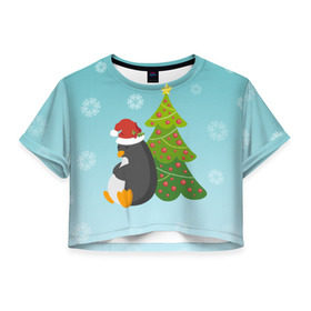 Женская футболка 3D укороченная с принтом Новогодний пингвинчик , 100% полиэстер | круглая горловина, длина футболки до линии талии, рукава с отворотами | елка | новый год | пингвин