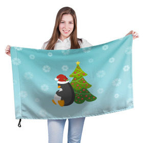 Флаг 3D с принтом Новогодний пингвинчик , 100% полиэстер | плотность ткани — 95 г/м2, размер — 67 х 109 см. Принт наносится с одной стороны | елка | новый год | пингвин