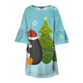 Детское платье 3D с принтом Новогодний пингвинчик , 100% полиэстер | прямой силуэт, чуть расширенный к низу. Круглая горловина, на рукавах — воланы | Тематика изображения на принте: елка | новый год | пингвин