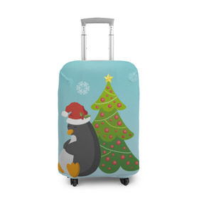 Чехол для чемодана 3D с принтом Новогодний пингвинчик , 86% полиэфир, 14% спандекс | двустороннее нанесение принта, прорези для ручек и колес | елка | новый год | пингвин