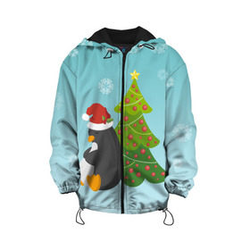 Детская куртка 3D с принтом Новогодний пингвинчик , 100% полиэстер | застежка — молния, подол и капюшон оформлены резинкой с фиксаторами, по бокам — два кармана без застежек, один потайной карман на груди, плотность верхнего слоя — 90 г/м2; плотность флисового подклада — 260 г/м2 | елка | новый год | пингвин
