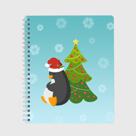 Тетрадь с принтом Новогодний пингвинчик , 100% бумага | 48 листов, плотность листов — 60 г/м2, плотность картонной обложки — 250 г/м2. Листы скреплены сбоку удобной пружинной спиралью. Уголки страниц и обложки скругленные. Цвет линий — светло-серый
 | елка | новый год | пингвин