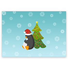 Поздравительная открытка с принтом Новогодний пингвинчик , 100% бумага | плотность бумаги 280 г/м2, матовая, на обратной стороне линовка и место для марки
 | елка | новый год | пингвин