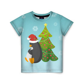 Детская футболка 3D с принтом Новогодний пингвинчик , 100% гипоаллергенный полиэфир | прямой крой, круглый вырез горловины, длина до линии бедер, чуть спущенное плечо, ткань немного тянется | Тематика изображения на принте: елка | новый год | пингвин