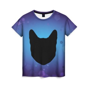 Женская футболка 3D с принтом Силуэт черной кошки , 100% полиэфир ( синтетическое хлопкоподобное полотно) | прямой крой, круглый вырез горловины, длина до линии бедер | кошка | силуэт | синий | фиолетовый | черный