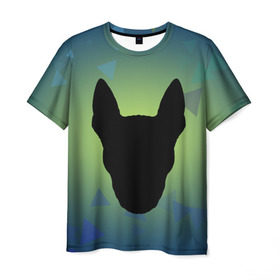 Мужская футболка 3D с принтом силуэт Бультерьера , 100% полиэфир | прямой крой, круглый вырез горловины, длина до линии бедер | зеленый | силуэт | синий | собака | черный