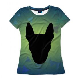 Женская футболка 3D с принтом силуэт Бультерьера , 100% полиэфир ( синтетическое хлопкоподобное полотно) | прямой крой, круглый вырез горловины, длина до линии бедер | Тематика изображения на принте: зеленый | силуэт | синий | собака | черный