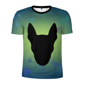 Мужская футболка 3D спортивная с принтом силуэт Бультерьера , 100% полиэстер с улучшенными характеристиками | приталенный силуэт, круглая горловина, широкие плечи, сужается к линии бедра | зеленый | силуэт | синий | собака | черный