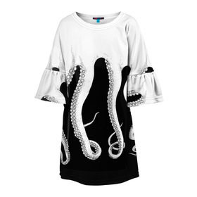 Детское платье 3D с принтом Octopus , 100% полиэстер | прямой силуэт, чуть расширенный к низу. Круглая горловина, на рукавах — воланы | Тематика изображения на принте: octopus