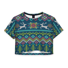 Женская футболка 3D укороченная с принтом Вязаный узор 6 , 100% полиэстер | круглая горловина, длина футболки до линии талии, рукава с отворотами | ангел | ёлка | ель | зима | колокольчик | нг | новый год | олень | рождество | санта | свитер | снег