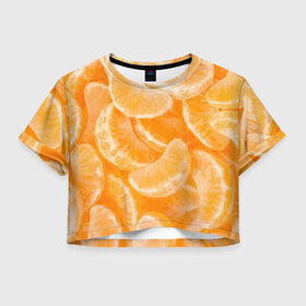 Женская футболка 3D укороченная с принтом Мандаринки на НГ , 100% полиэстер | круглая горловина, длина футболки до линии талии, рукава с отворотами | 2017 | желтый | нг | новый год | фрукты